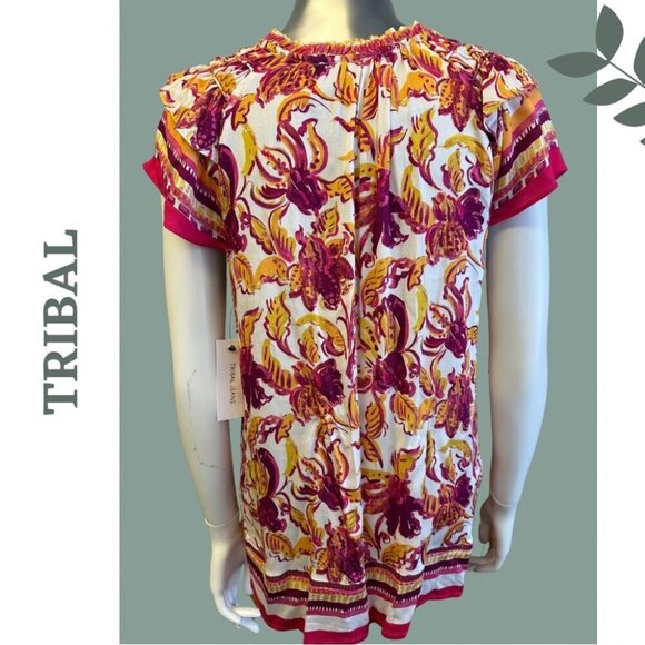 Tribal Border Print Knit Top Ruffle Short Sleeve Pink Yellow White Size XXL - Picture 6 of 9